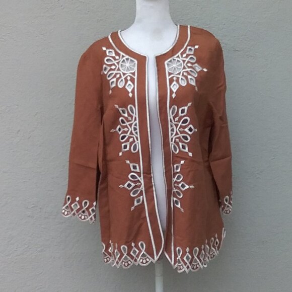 Bob Mackie Women's Wearable Art Linen Jacket Light Brown and White Cutout Preppy - Picture 5 of 7